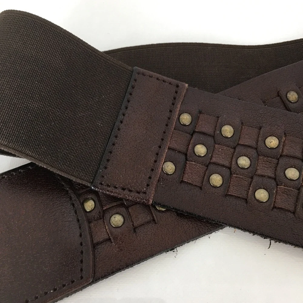 Wide Boho Woven Leather Stretchy Belt Brown with Brass Studs Women’s Size L/XL